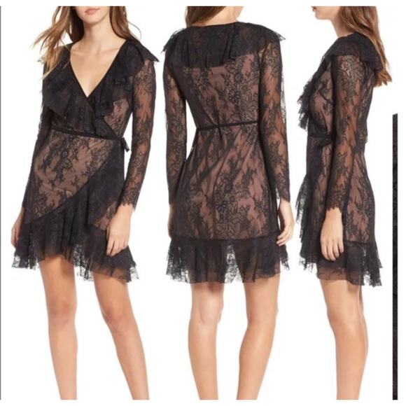 NWT For Love & Lemons Daphne Lace Wrap Mini Dress Black Nude Sheer Ruffle M - Picture 6 of 9